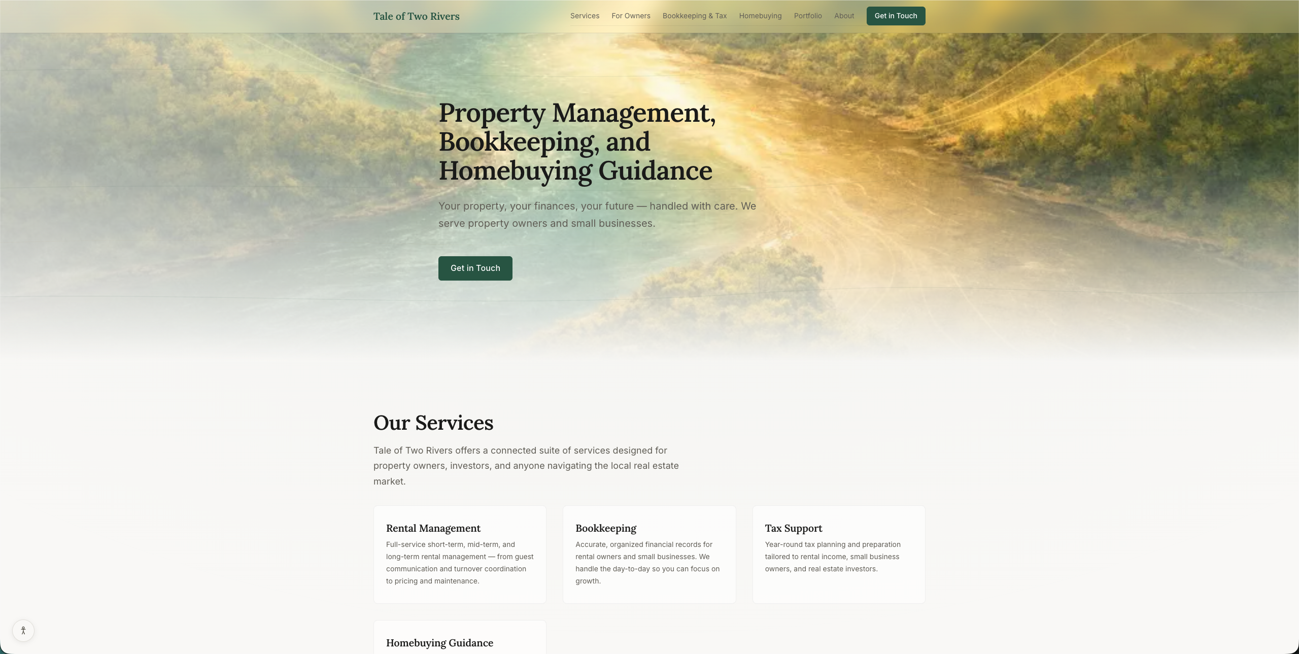Tale of Two Rivers homepage — golden-hour aerial of a river confluence as the hero image, with “Property Management, Bookkeeping, and Homebuying Guidance” in serif type.