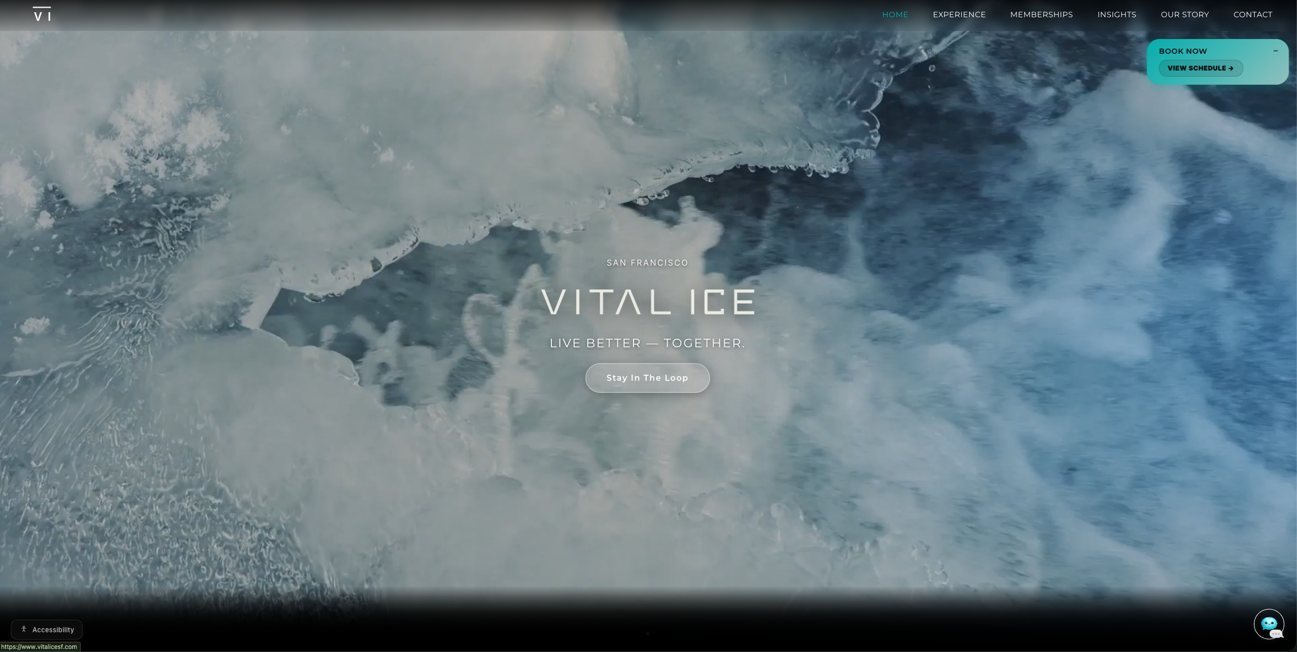Vital Ice homepage — full-bleed glacier and lagoon photograph, “VITAL ICE” wordmark in the centre with the tagline LIVE BETTER — TOGETHER.